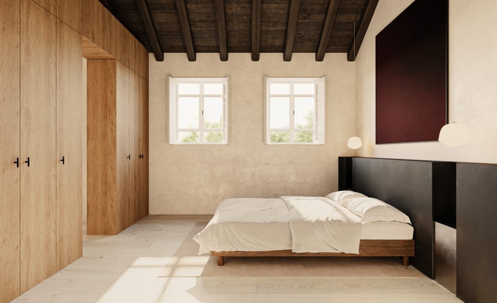 Habitación con roble tratado y marmorino, La Piazza, Lison Winery Competition, Nota Estudio