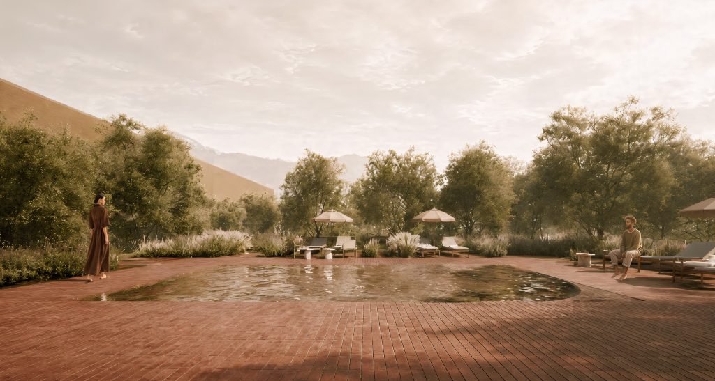 Piscina y zona de fuego de La Piazza junto al viñedo de Lison, Nota Estudio