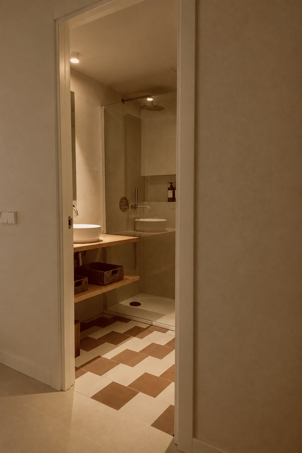 Baño con baldosa de dibujo geométrico inspirada en los trajes tradicionales ibicencos, Ibiza