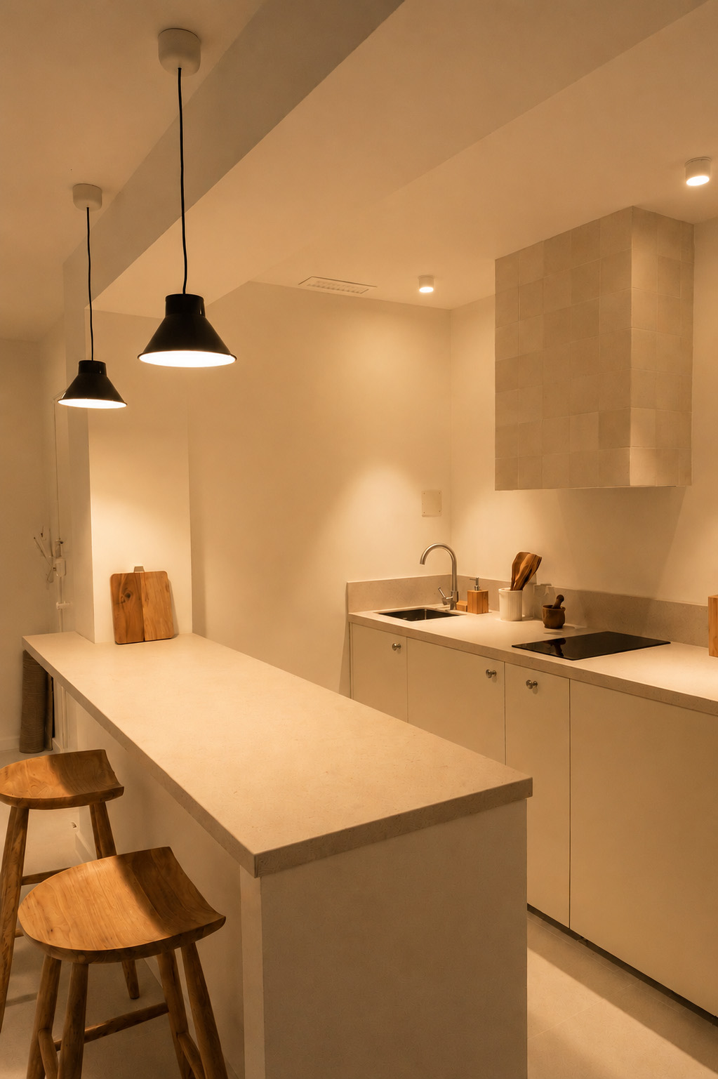 Cocina abierta al salón, con paredes encaladas, en el apartamento turístico de Ibiza