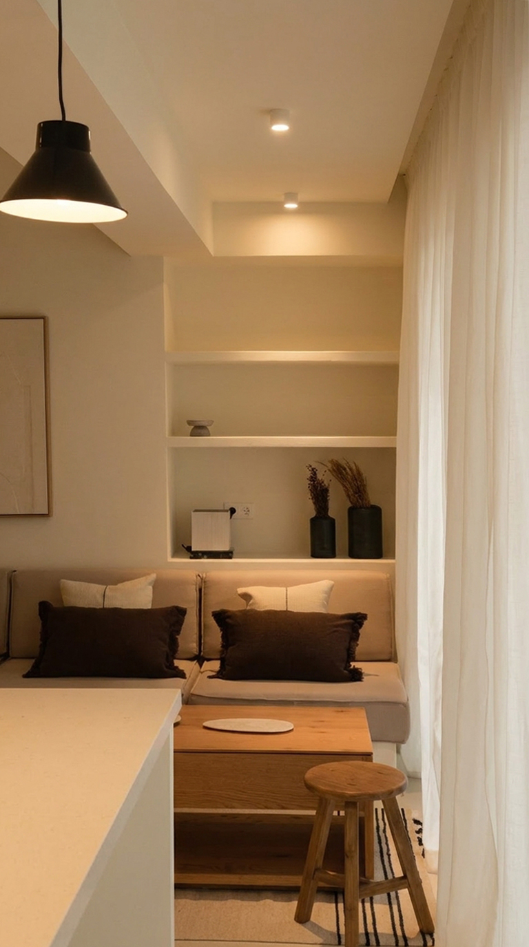 Salón con banco a medida y piedra marés, apartamento turístico en Ibiza, proyecto de Nota Estudio